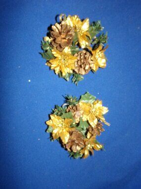 Vintage Christmas Plastic Greenery-Gold Poinsettia & Pine Cone Mini Candle Wraps